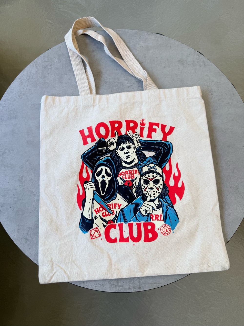 Canvas Tote Bag with Horror Club Graphic - Cream